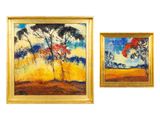 deux tableaux représentant des arbres dans un champ, avec le ciel en arrière-plan