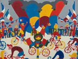 un tableau représentant un groupe de personnes à vélo