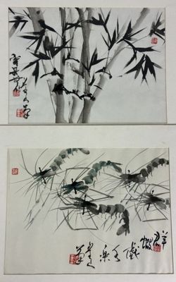 two paintings of birds and bamboo trees with chinese writing on them