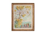 une peinture à l'huile représentant un arbre sur lequel est perché un oiseau