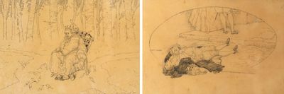 two drawings of a dog and a cat on the same page