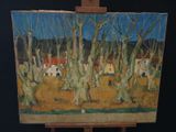 a painting on a easel with a painting of a village in the background