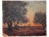 une image représentant un tableau montrant des arbres dans un champ au coucher du soleil