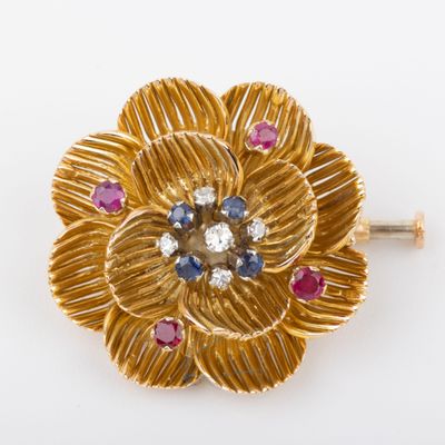 Broche "Fleur" diamants, rubis et saphirs monture or 18K ajo… - Photo 1