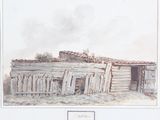 painting of an old log cabin with a wooden fence and a stone wall