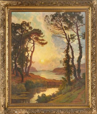 un tableau représentant un paysage avec des arbres et de l'eau