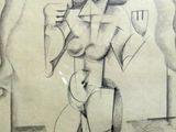 dessin au crayon représentant une femme tenant un couteau dans une main et un autre couteau dans l'autre