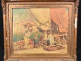 an old painting of a group of people on a boat
