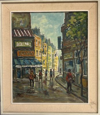 a painting of people walking down the street in the rain