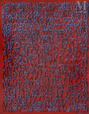une image représentant un tableau rouge et bleu sur lequel figurent des inscriptions
