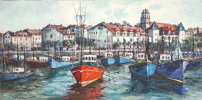 painting of boats in a harbor with buildings in the background