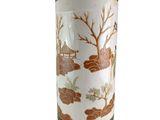 a tall vase with a painting on it sitting on a table