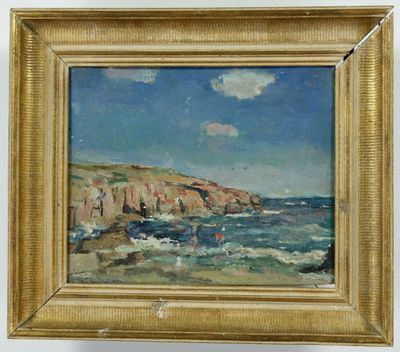 une peinture à l'huile représentant une côte rocheuse avec un ciel bleu en arrière-plan
