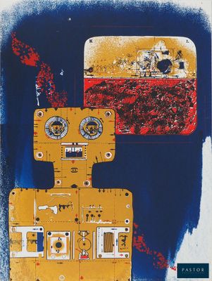 une image représentant un robot peint sur un fond rouge et bleu