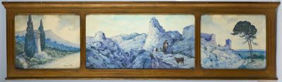 painting of a mountain scene with trees and a church in the background