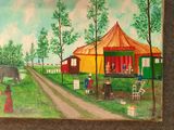 a painting of a circus scene on the wall of a house