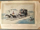 painting of a group of people riding on horses and a horse drawn carriage
