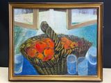 un tableau représentant un panier de fleurs devant une fenêtre