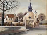 une peinture à l'huile représentant une église surmontée d'un clocher