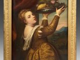 a painting of a woman holding a basket of fruit in her hand
