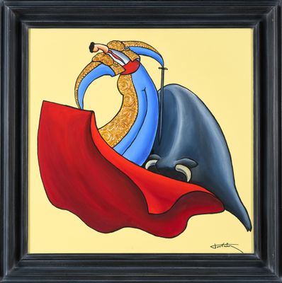 un tableau représentant un taureau et un taureau avec une cape rouge