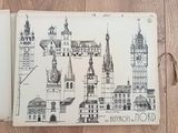 a drawing of a building with a clock tower on it