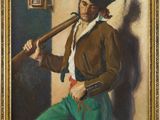 an oil painting of a man holding a baseball bat next to a wall