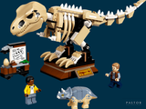 a lego t - rex that is standing next to a sign