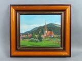 une peinture à l'huile représentant un village avec une église à l'arrière-plan