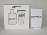 a picture of a white box containing a bottle of cologne and a bottle of lotion