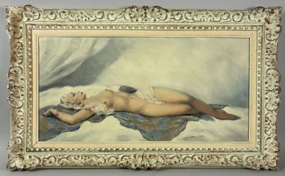 an image of a painting of a nude woman laying on a bed