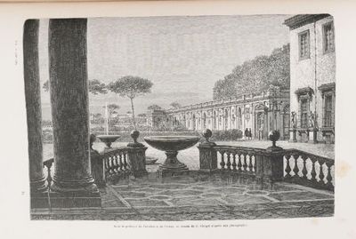 un dessin représentant une fontaine au milieu d'une cour