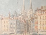 a painting of a bridge over a river with buildings in the background