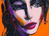 une peinture représentant le visage d'une femme sur un fond orange