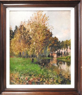 an image of a painting of a river in a wooded area