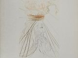 un vieux dessin représentant une femme en robe avec un oiseau sur la tête