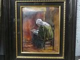 tableau représentant une vieille femme assise sur une chaise près d'un feu