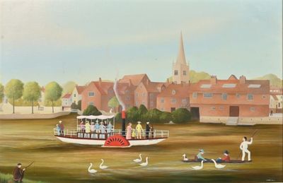 une peinture représentant un bateau avec des personnes à bord, sur l'eau