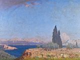 une image représentant un tableau représentant une vue sur un lac et des montagnes