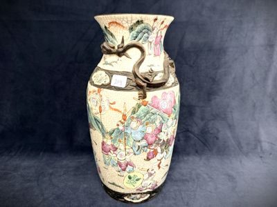 a vase that is sitting on a stand on a blue background