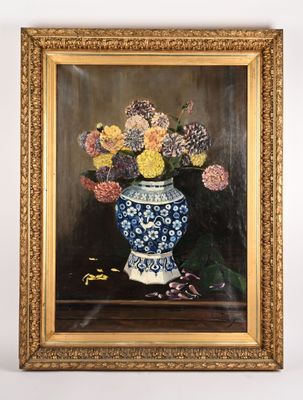 peinture d'un vase de fleurs sur une table dans un cadre doré
