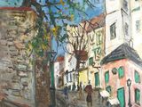 painting of a painting of a street scene with a tree and buildings