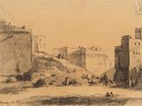 un vieux dessin représentant une ville avec un château en arrière-plan