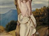 painting of a man with a hat on his head hanging from a tree