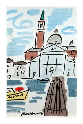 une image représentant un dessin d'un bateau dans l'eau près d'un bâtiment