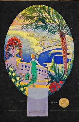 an image of a painting of a woman in a green dress by the water