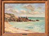 an image of a painting of a beach scene with people on the shore