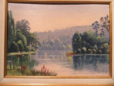 a painting of a lake with a boat in it