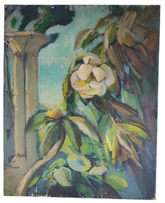an oil painting of a white flower on a tree branch