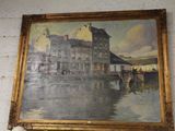 a painting on the wall of a building with a boat in front of it